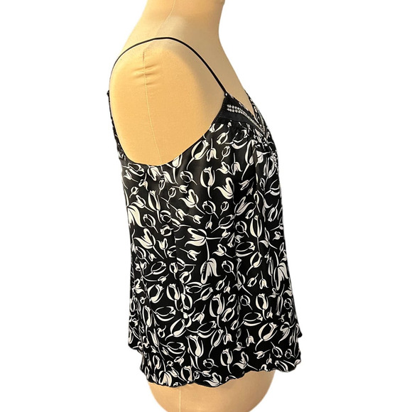 BeBe Black Floral Print Embellished Silk Tank Top, Size L - Picture 2 of 9